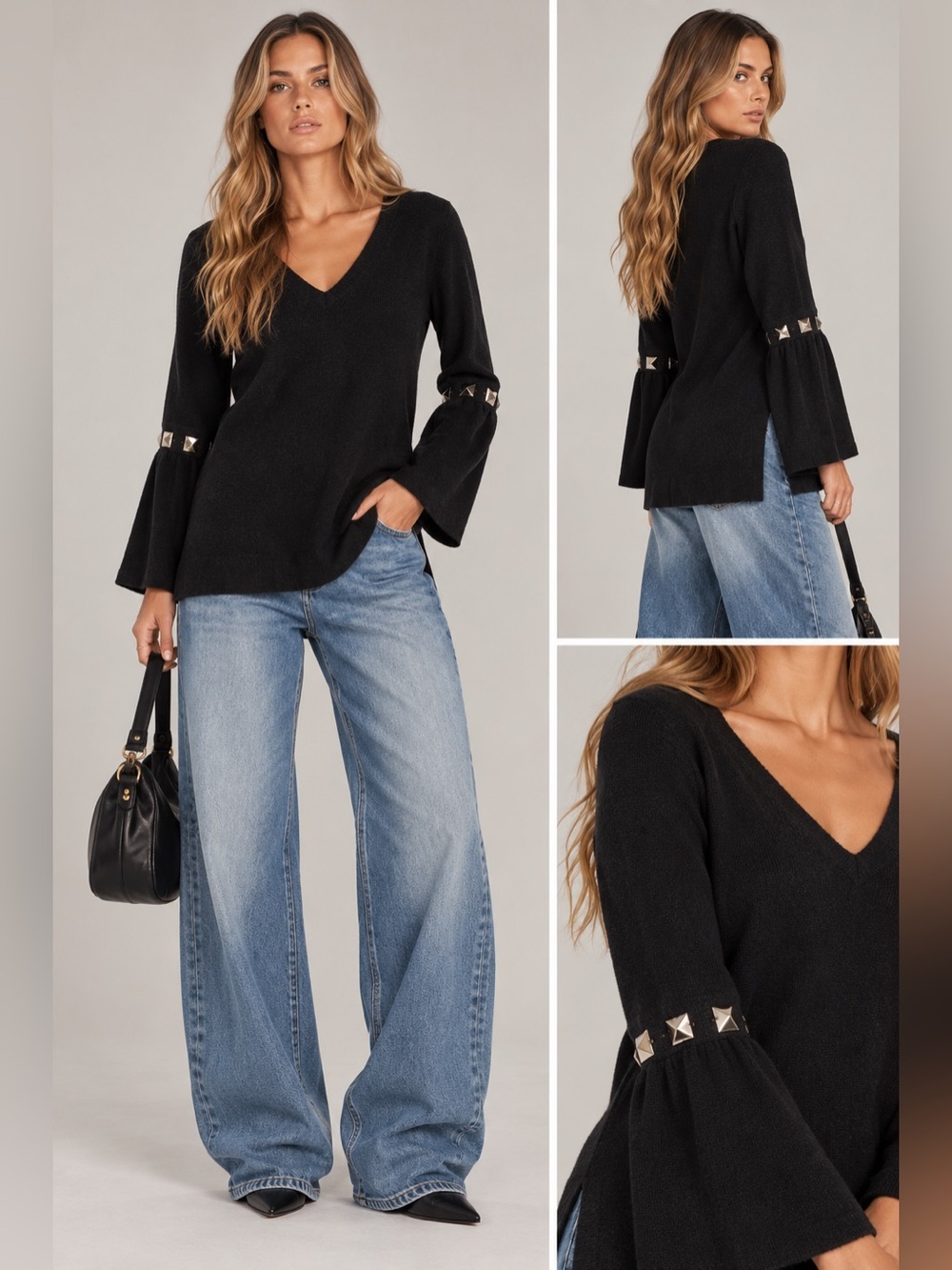 100% Pure Cashmere Black V-Neck Bell Sleeve Studded Sweater Size S